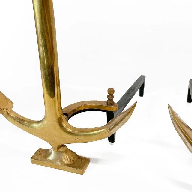 1960s Pair of Vintage Brass Boat Anchor Andirons, Circa 1940s For Sale - Image 5 of 10