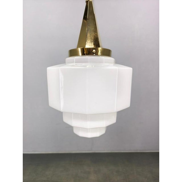 1930s Art Deco Brass Pendant with Geometric Opaline Glass, Former Czechoslovakia, 1930s For Sale - Image 5 of 16