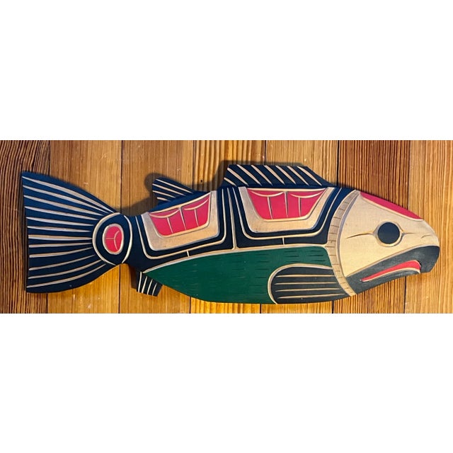 Late 20th Century Squamish Nation Carved Wood and Paint Decorated Salmon Fish Wall Sculpture by Neil Baker For Sale - Image 5 of 9