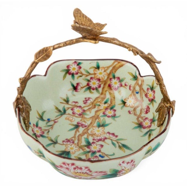 Floral Vine Painted Porcelain Bowl With Bronze Ormolu Basket Handle For Sale In Dallas - Image 6 of 11