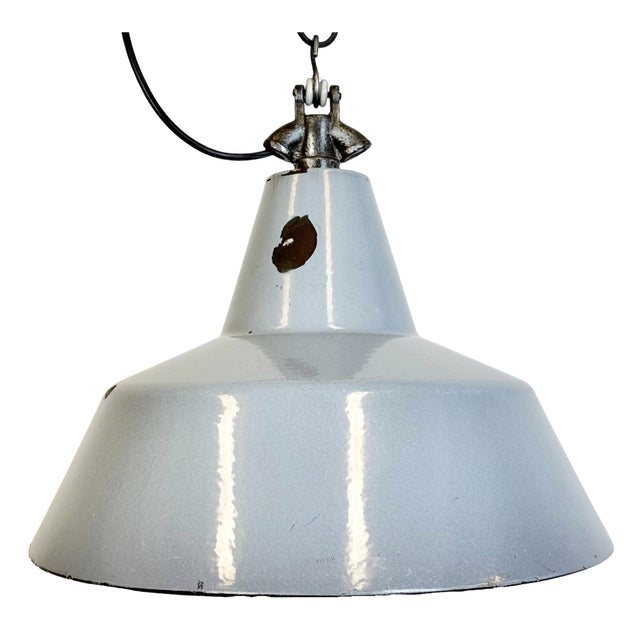 Industrial Grey Enamel Factory Pendant Lamp, 1960s For Sale