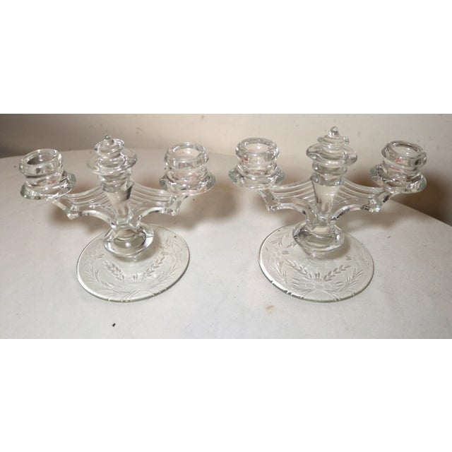 Transparent Vintage Pair of Art Deco Etched Crystal Candlestick Holders Candelabras Glass For Sale - Image 8 of 12