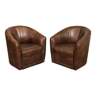 Natuzzi Pair of 'Mazaro' Brown Leather Swivel Club Chairs For Sale
