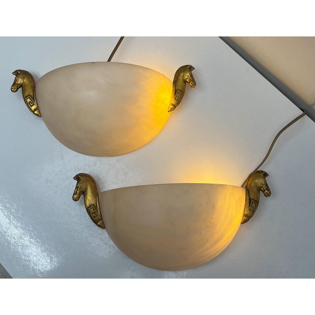 Half Dome Alabaster Wall Lights with Horse Decoration, 1960s, Set of 2 For Sale - Image 4 of 13