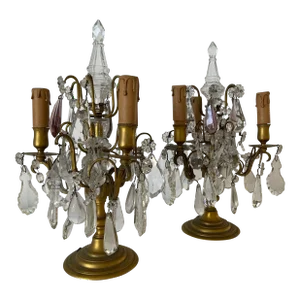 1920s French Doré Bronze Crystal Girandoles Candelabras Three-Lights Lamps - a Pair