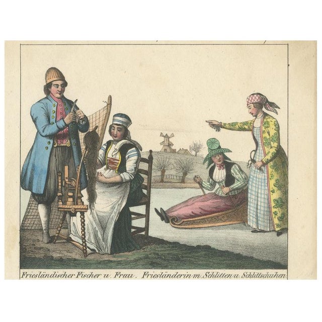 Frisian Fisherman & Winter Costume Scene Dutch Costume Lithograph, c.1840 For Sale - Image 9 of 9