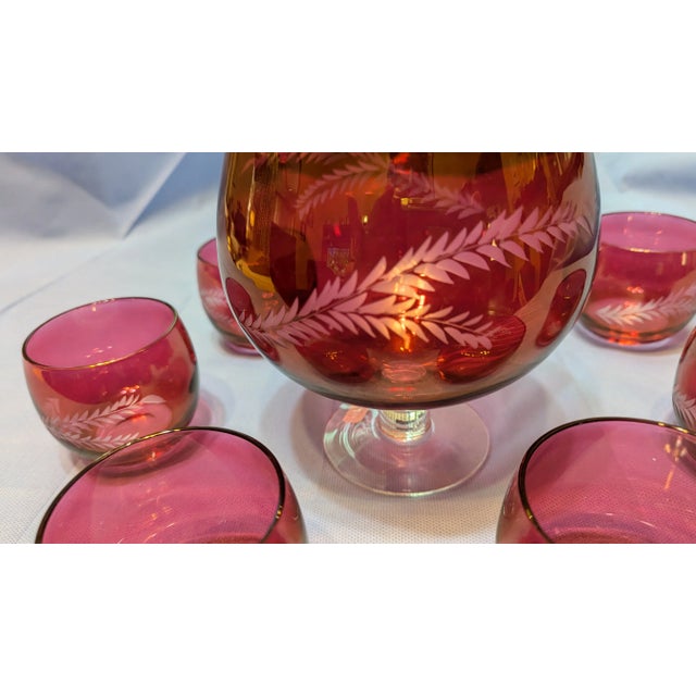 Hollywood Regency Vintage Cranberry Etched Brandy Glass Set- 7 Pieces For Sale - Image 3 of 5