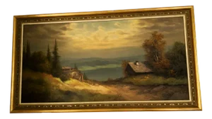 Picturesque Mountain Landscape with Houses, 1940s, Oil Painting on Canvas, Framed