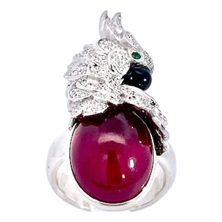 Large Oval Ruby Cabochon and Diamond Parrot Ring, Size 6.5 For Sale