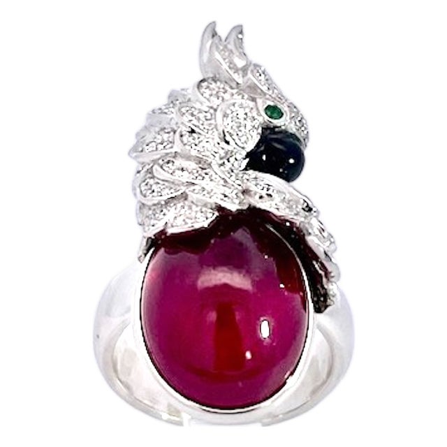 Large Oval Ruby Cabochon and Diamond Parrot Ring, Size 6.5 For Sale