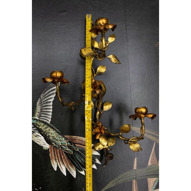 Hollywood Regency Gilt Tole Metal Triple-Arm Floral Wall Candle Sconce, 1970s For Sale - Image 10 of 18