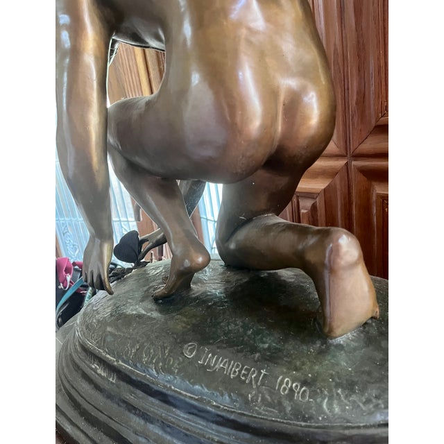 Vintage Grand Scale Patinated Bronze "Cupid Playing With a Butterfly" After Injalbert 1890 For Sale - Image 15 of 18