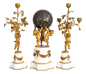 Louis XVI Style Bronze and Marble Garniture Set With Clock & Candelabras