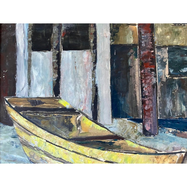 Mid Century Oil Painting Coastal Boat Yard by California Regionist Artist, Signed & Framed For Sale - Image 4 of 11