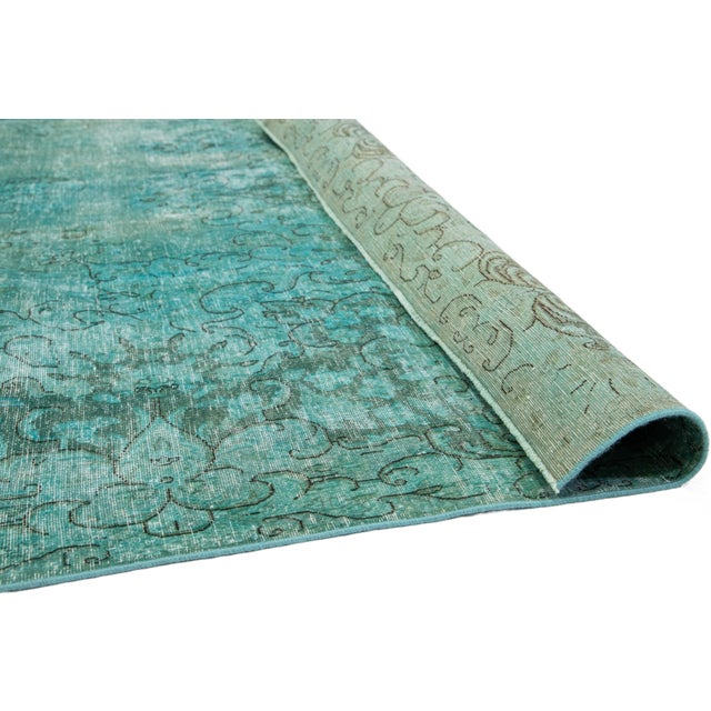 Persian Room Size Antique Overdyed Persian Wool Rug With Medallion Design in Light Green For Sale - Image 3 of 10