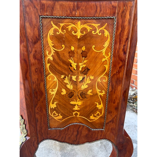 Louis XV Marquetry Cabinet Chest of Drawers With Brass Ormolu- Green Marble Top For Sale - Image 10 of 12