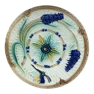 19th Century Majolica Flowers and Butterfly Plate Wasmuel For Sale