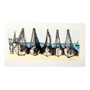 1971 Frank Kleinholz Boats at Brehat Hand Colored Serigraph