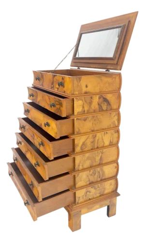 Lift Top Mirror Compartment "Stack ofBooks" 6 Drawers Italian Olive Wood Dresser