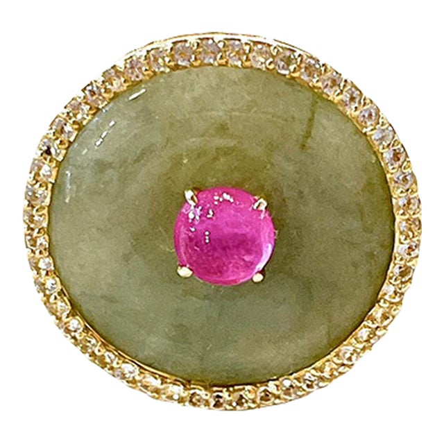 Bochic “Orient” Jade, Ruby & Diamond Dome Ring Set 18k & Silver Size 6.5 For Sale