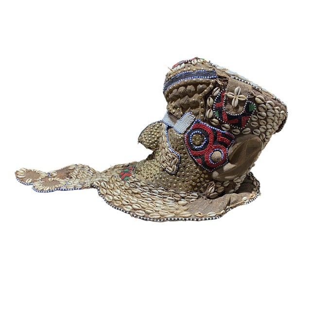Unique Vintage Large African Tribal Beaded Kuba Royal Head Mask Congo 15" H For Sale - Image 13 of 13