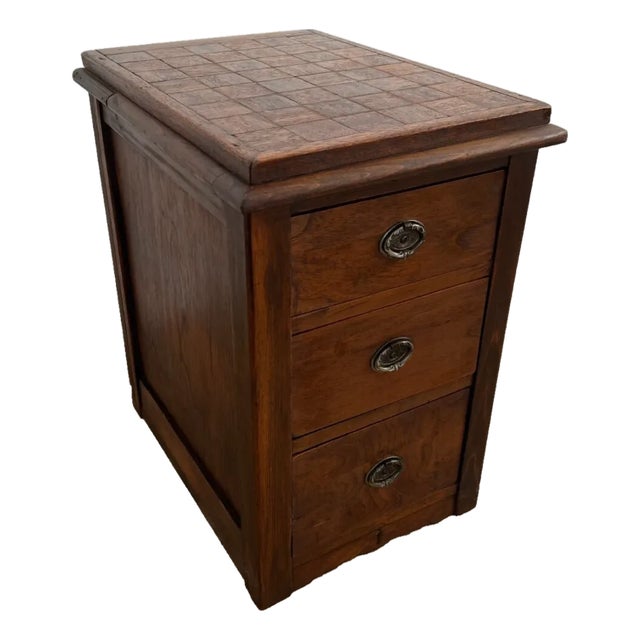 Antique Side Table, Nightstand, Three Drawers, Parquet Style Top, Walnut For Sale
