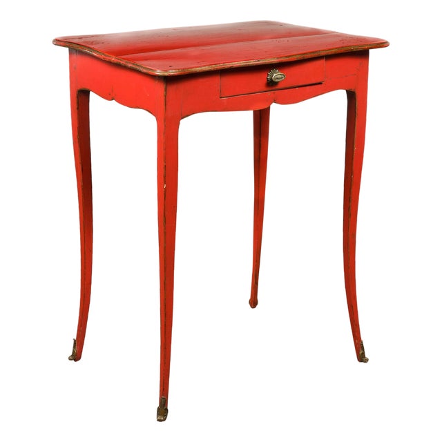 French 1820s Restauration Period Red Side Table with Serpentine Top and Drawer For Sale