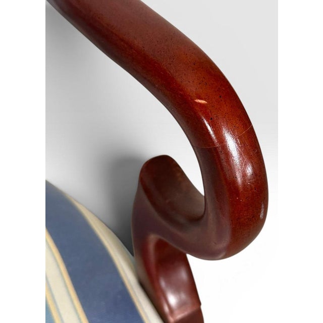 Pair of Vintage Upholstered Queen Anne Style Striped Armchairs With Shell Carving For Sale - Image 16 of 17