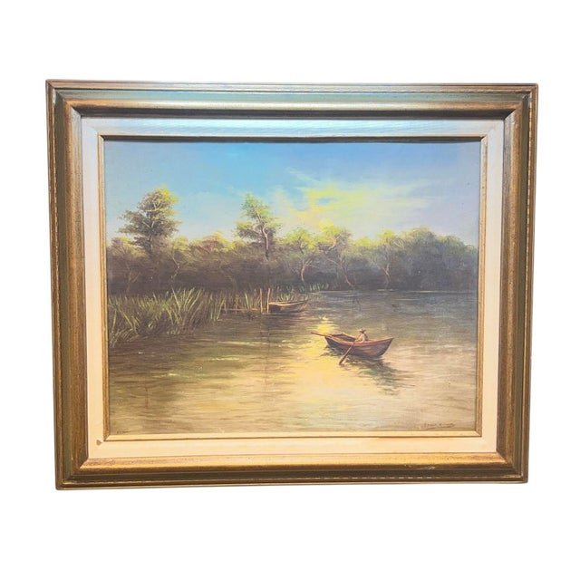 Wood Late 20th Century Original Oil/Acrylic Painting Two Boats in the Moonlight, F. Raquel Moncayo Framed For Sale - Image 7 of 10