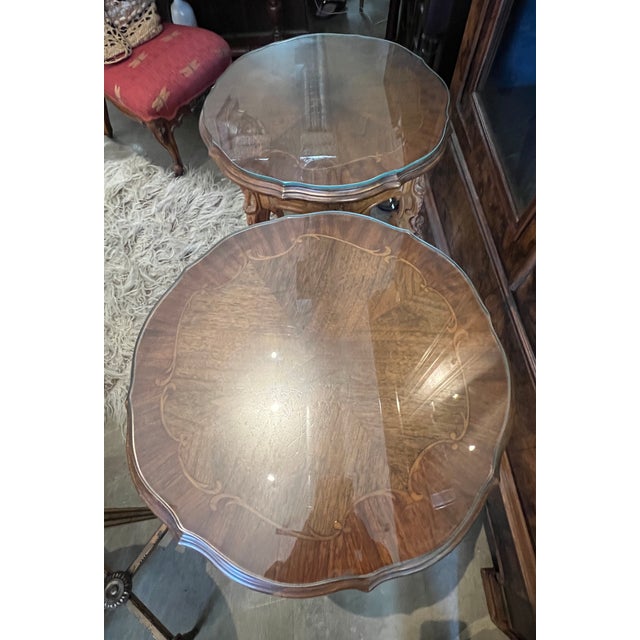 Late 20th Century Beautiful Carved Round Walnut Side Tables With Glass Top For Sale - Image 4 of 7