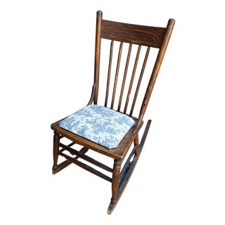 Antique American Country Wood Spindle Back Rocking Chair With Blue Toile Cushion For Sale