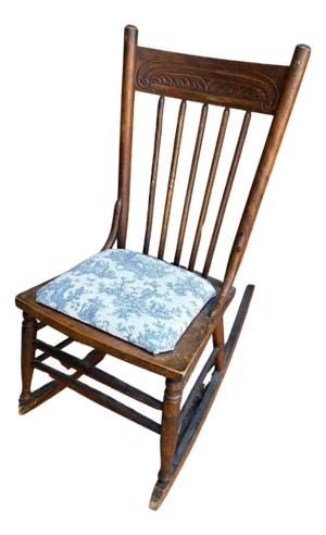 Antique American Country Wood Spindle Back Rocking Chair With Blue Toile Cushion