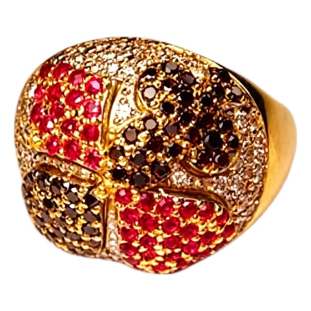 Late 20th Century Size 10.75 18K Yellow Gold Designer Ruby & Black Diamond Poker Casino BlackJack Ring For Sale