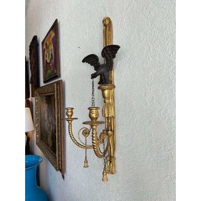 Wood Pair of Antique Italian Carved Wood Candle Power Neoclassical Wall Sconces. For Sale - Image 7 of 7