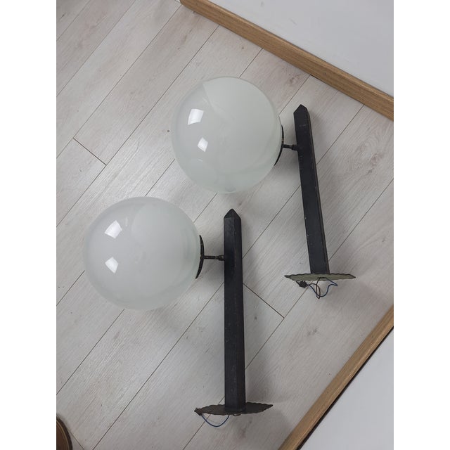 Wall Lamps in Black Lacquered Iron and Brass with Etched Glass Sphere, 1950s, Set of 2 For Sale - Image 10 of 17