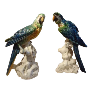 Pair of Italian Glazed Terracotta Parrot Statues