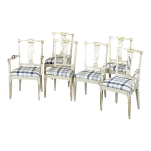 Set of 6 Antique Swedish Gustavian Painted Dining Chairs Includes 2 Armchairs