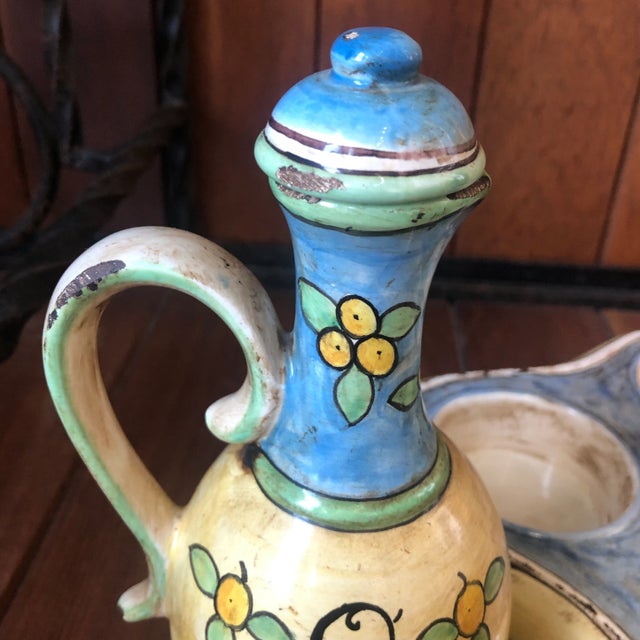 Ceramic 1990s Italian Hand Painted Ceramic Oil, Vinegar, Salt and Pepper Cestino For Sale - Image 7 of 13