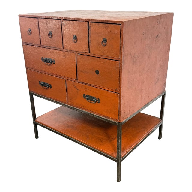 Asian Influenced Orange Lacquered Drawer Chest, Vintage For Sale