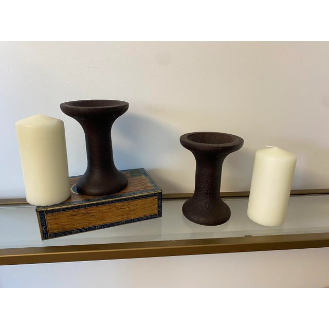 Gothic Antique Late 19th Century Iron Candlestick Holders With Candles - a Pair For Sale - Image 3 of 8