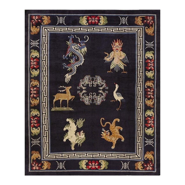 1940s Blue Animals Classic Greek Antique Chinese Tibetan Handknotted Wool Rug For Sale
