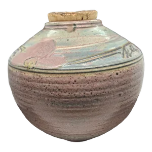 Studio Art Pottery Jar Speckled Glaze Cork Lid Pink Stoneware Vintage