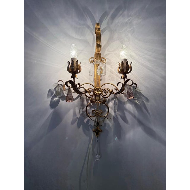Golden Wall Lights with Pink Glass Fruit from Palwa, 1960s For Sale - Image 4 of 18