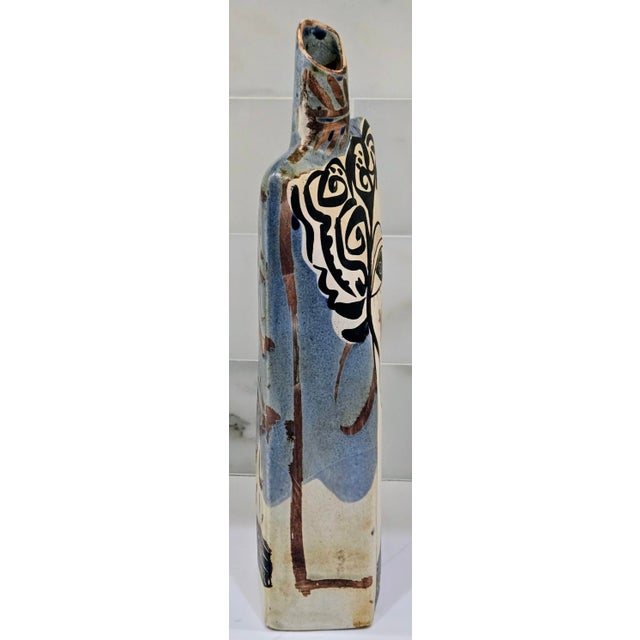 Alfajar Ceramica Spanish Hand Painted Modernist Face Sgraffito Stoneware Vase For Sale In Dallas - Image 6 of 14