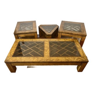 Vintage 1970’s Gordon's Fine Furniture Burlwood Smoked Glass Coffee, End and Accent Table Set For Sale