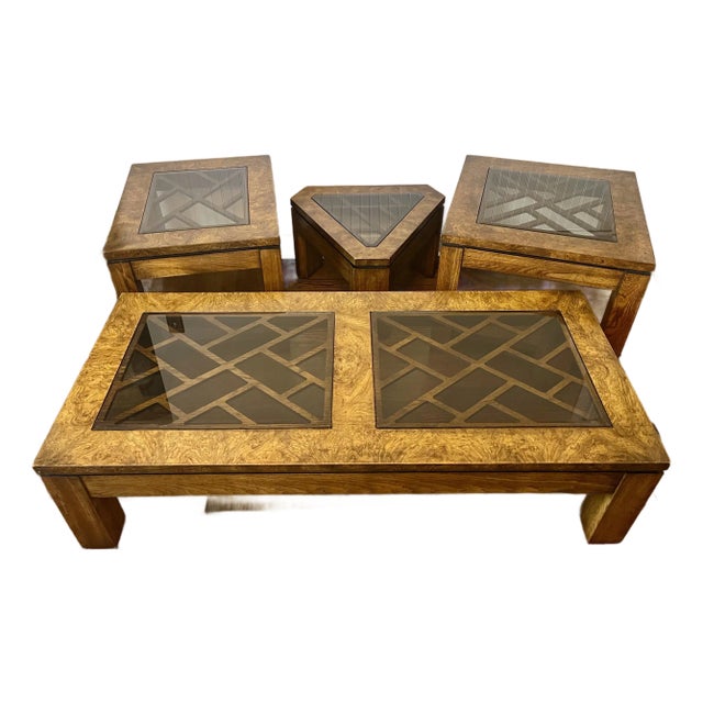 Vintage 1970’s Gordon's Fine Furniture Burlwood Smoked Glass Coffee, End and Accent Table Set For Sale