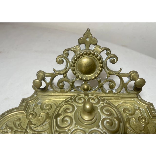 Antique Ornate 19th Century Victorian Gilt Brass Desk Inkwell Stand Tray Letter - Set of 2 For Sale In New York - Image 6 of 11