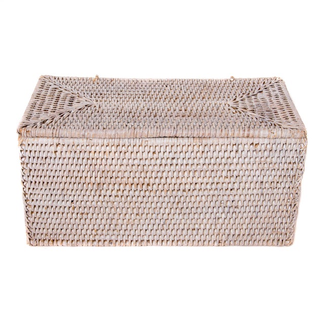 Boho Chic Artifacts White Wash Rattan Rectangular Double Tissue Roll Box With Lid For Sale - Image 3 of 5