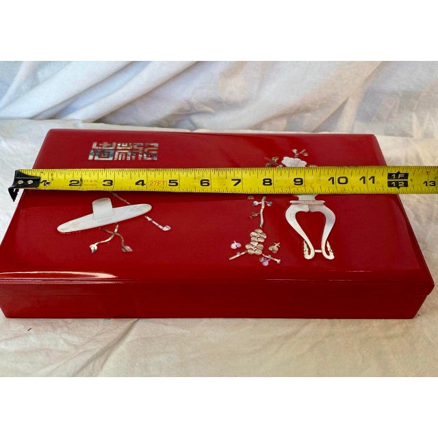 Mid 20th Century Korean Red Lacquer Smoking Box With Mother-of-Pearl Inlay – Complete Set For Sale - Image 10 of 11