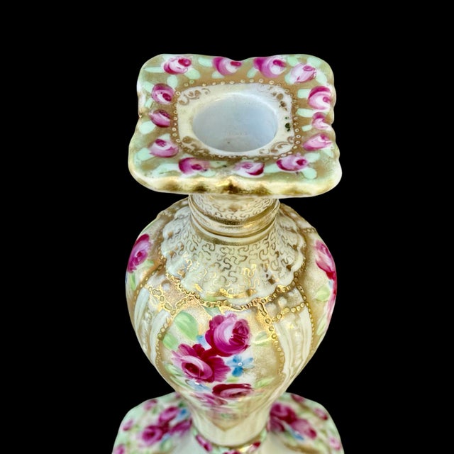 Late 19th Century Antique Hand Painted Porcelain Candlestick Pink Roses Gold Gilt For Sale - Image 5 of 7
